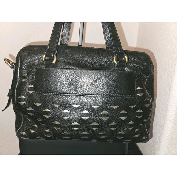 Fossil Amanda Perforated Satchel Handbag Black 11x8x5 *READ - Picture 4 of 15